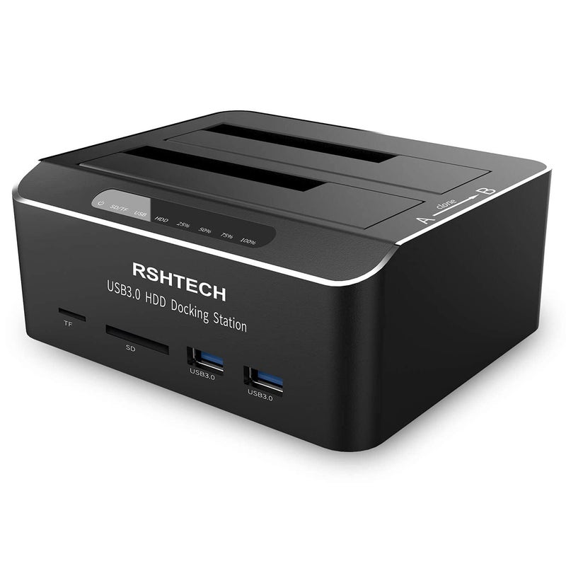 Rshtech Hard Drive Docking Station RSHTECH USB 3.0 Aluminum Dual Bay Hard Drive Dock for 2.5" & 3.5" SATA HDD SSD with SD/Micro SD Card Reader and Offline Clone/Duplicator Function Support 16TB Tool-Free - Image 1